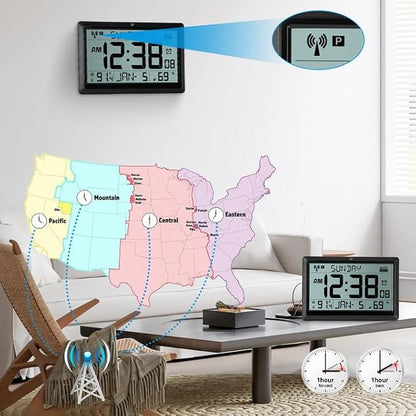 Amgico Digital Wall Clock,10.5" Large Display Atomic Clock,Battery Operated,Digital Calendar Auto Setting with Indoor Temperature,Humidity,Date,Day,Auto DST for Elderly Bedroom Classroom,No Backlight