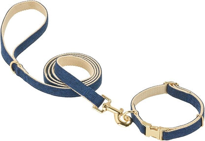 Luxury Soft Cotton Tweed Fabric Dog Collar & Leash Set with Gold Buckle – Durable Fabric, Stylish Design for Everyday Walks(Small Navy)