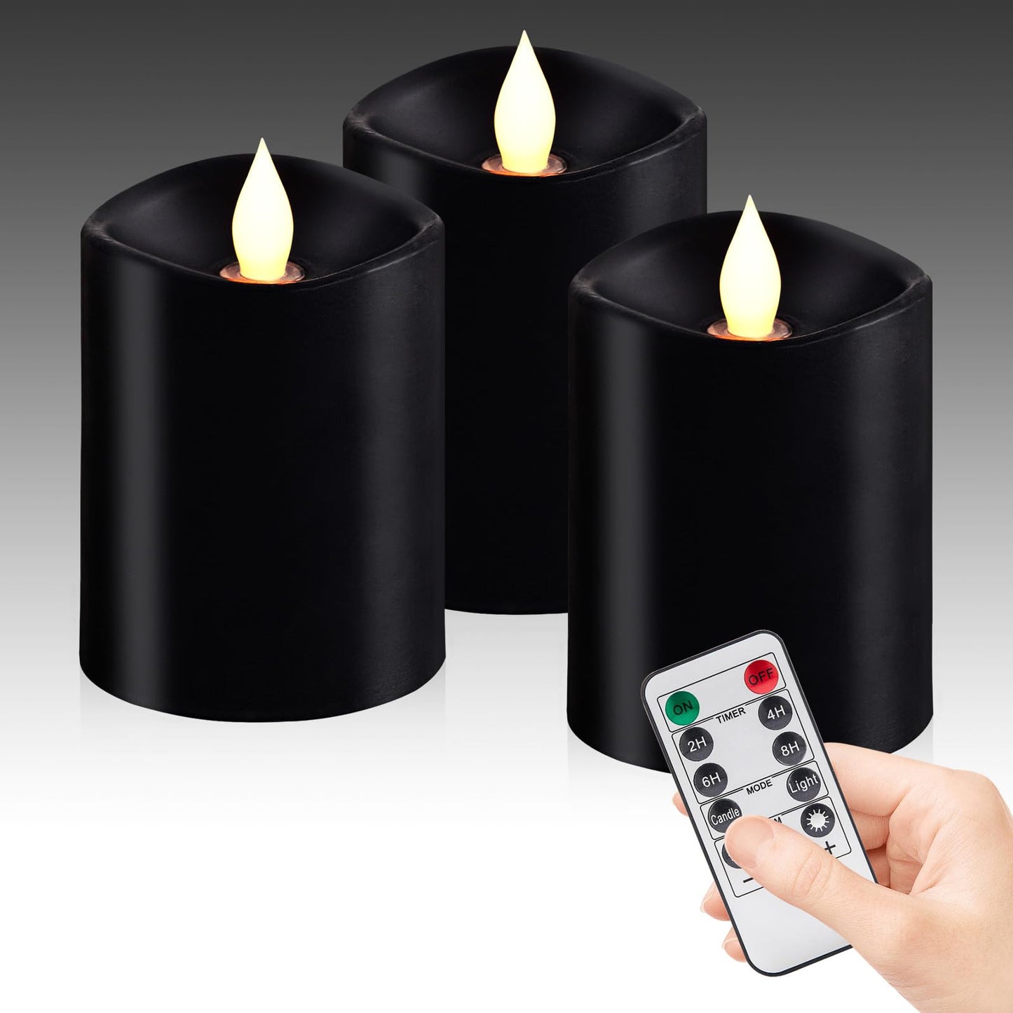 Woocodowe Black Pillar Flameless Candles - 3D Flickering, Remote Timer, Battery Operated, 600+ Hours, Halloween & Gothic Themed Decor (Black, 3"*4"-3pcs)