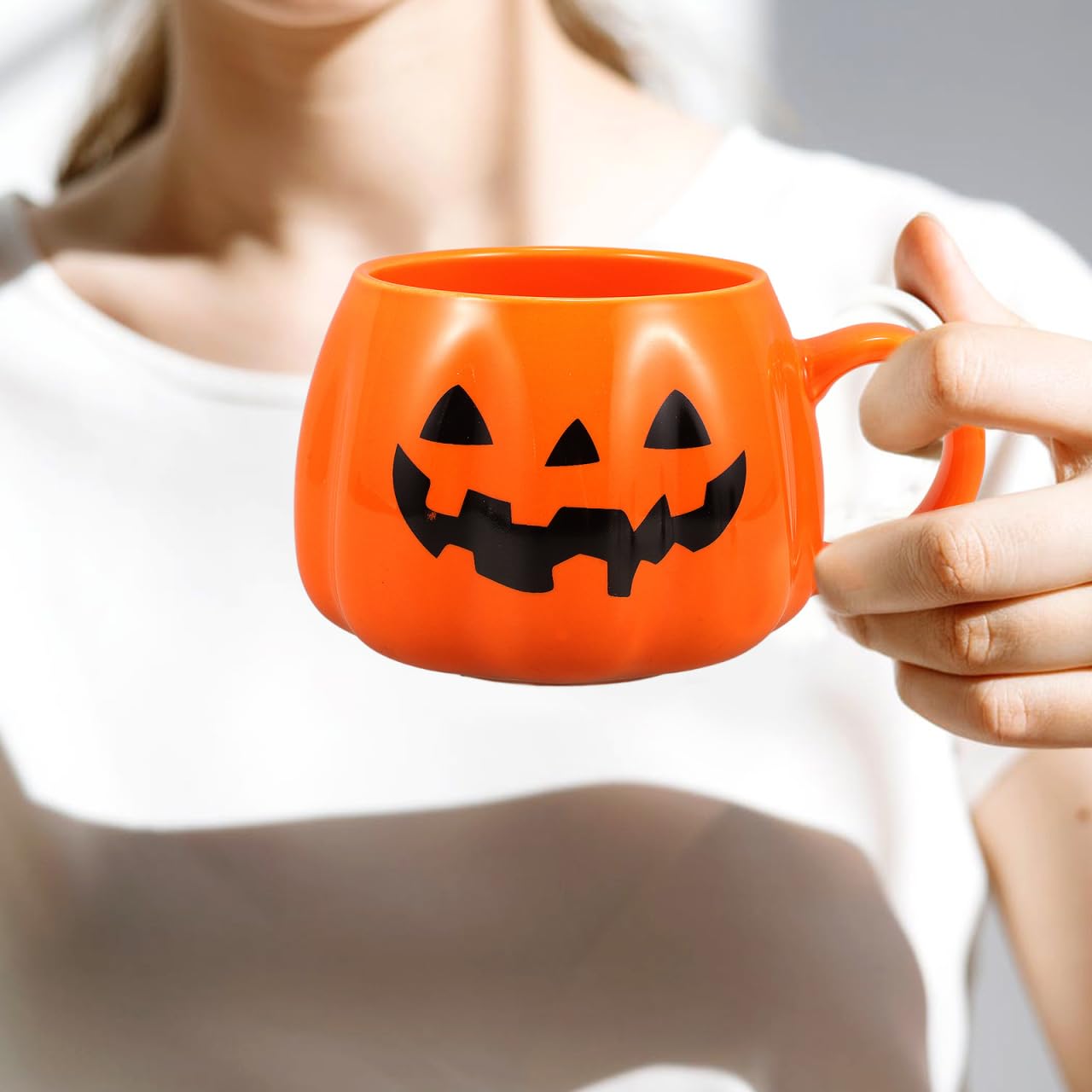 Healifty Halloween Pumpkin Mug with Spoon 12 Oz Ceramic Coffee Cup Pumpkin Shape for Home Office Tea Juice Milk Water