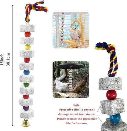 2 Pack 11.5" Large Lava Stone Bird Toys - Natural Beak Grinding Block with Hemp Rope - Hanging Cage Accessories for Parrots, Cockatiels, Conures & Parakeets