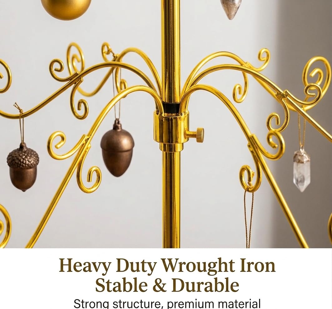 HOHIYA 3 Ft Wrought Iron Ornament Display Stand with 56 Hooks Metal Christmas Tree Alternative for Ornaments Halloween and Year-Round Decor Tabletop Rack Brass Gold