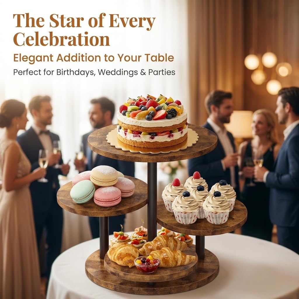 Fushiton Rustic Tiered Dessert Stand Wooden Cupcake Tower, 4-Tier Flower Shaped Cake Stand for Parties, Weddings, and Farmhouse Decor