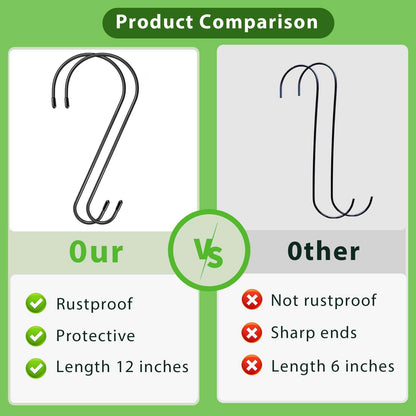 6 Pack 12 Inch Extra Large S Hooks for Hanging Plants, Rust-Proof Heavy Duty Tree Branch Hooks Plant Hooks Outdoor for Hanging Bird Feeder,Patio,Indoor Uses