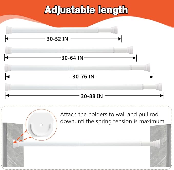 Closet Rod for Hanging Clothes, with No Drilling Holder 30 to 88 Inch Adjustable White Closet Rods, Space Saving Tension Spring Pole Heavy Duty Bar for Wardrobes, Shoe Cabinets