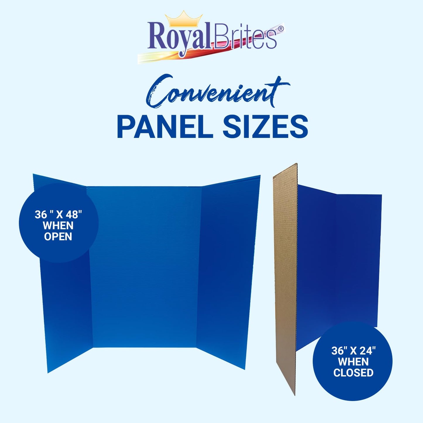 Royal Brites 1-Ply Corrugated Tri-fold Project Display Board 36" x 48", Exhibition, Presentation, & Science Fair Display Boards, Lightweight Tri-Fold Board with Smooth Surface, Blue/Kraft, Pack of 12