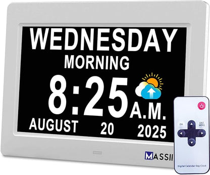 MASSII Dementia Clock with Date Time Voice Announcement, 27 Alarms Custom Reminders, Sleep Trainer, Auto DST, 10 Levels Night Dimmer, Large Talking Digital Calendar Clock for Elderly with 1.5M Adaptor