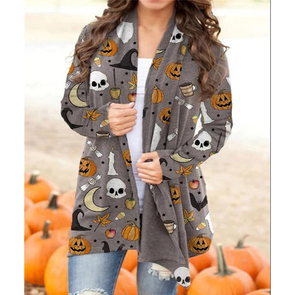 Women's Halloween Pumpkin Cat Print Knitting Cardigan Long Sleeve Open Front Knitted Sweater Outwear Coat Tops (Light Gray, Large)