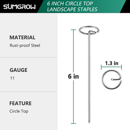 SUMGROW 120 Pack 6-inch, Landscape Staples, Fabric Pins, Weed Barrier Stakes, Circle Top Galvanized Steel Spikes for Securing Outdoor Tent, Ground Sheets, Fleece, Edging, Lawn Turf, Decorations
