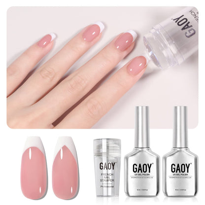 GAOY French Manicure Kit, Nail Stamper and 2Pcs Gel Nail Polish, Include Nude Jelly Pink White Colors for French Tip, UV Light Cure