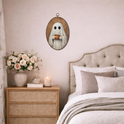 Ghost Drinking Coffee Cup Oval Wall Art, Cozy Spooky Decor for Kitchen Dining Room Living Room, Whimsical Decoration for Coffee Lovers 8.5×11.5 Inch