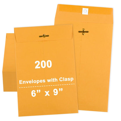 gisgfim 200 Pcs 6 x 9 inch Clasp Manilla Envelopes with Gummed Seal, Small Mailing Envelope with Clasps Closure 28 lb Kraft Paper Yellow Folders for Storing or Mailing Business Document Office