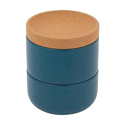 Ceramic and Cork 3 Piece Stackable Salt and Pepper Cellar For Countertop Space Saving, Easy Lift Lid to Retain Freshness, Natural Cork and Teal Ceramic