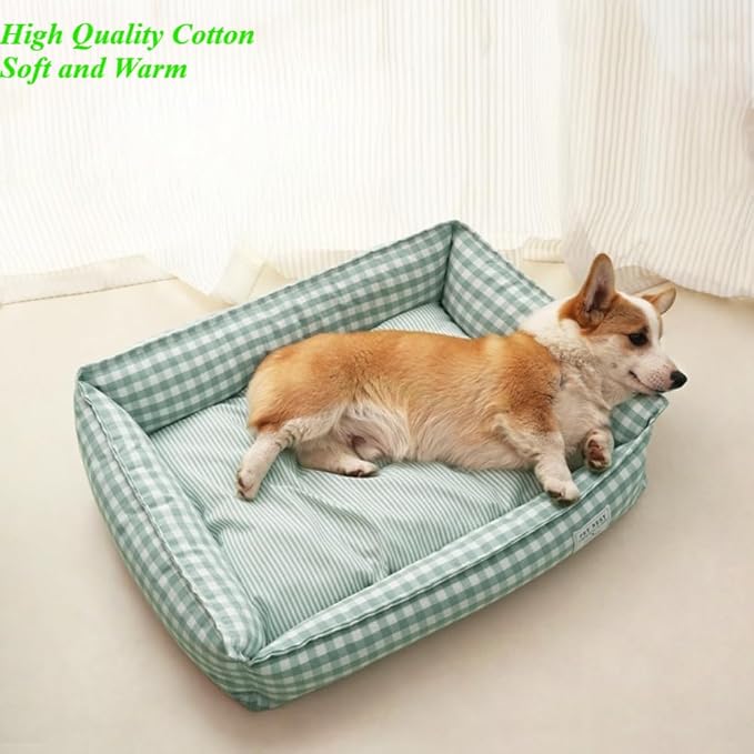 Orthopedic Rectangle Dog Bed for Medium Small Dogs, Plaid Plush Modern Puppy Sofa Bed with Anti-Slip Bottom, Cute Calming Pet Bed(Khaki,Large)