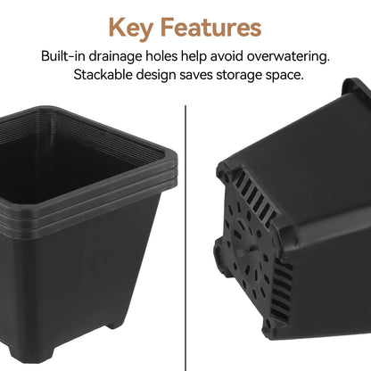 HAKZEON 50 PCS 5.5 Inch Square Nursery Pots, Black Plastic Plant Pot with Drainage Holes, Small Seed Starting Pots for Flower Planter Seedlings, Succulents