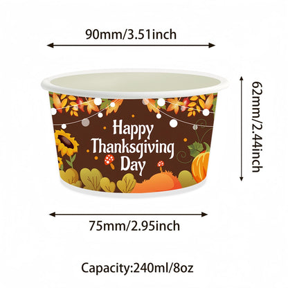 YVAINE 24pcs Thanksgiving Party Treat Snack Cups, Happy Thanksgiving Day Party Disposable Dessert Ice Cream Bowls Turkey Pumpkin Paper Dessert Soup Cup for give Thanks Party Supplies