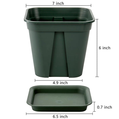 Fasmov 10 Pcs Square Nursery Pot 7 Inch Plastic Plant Pots with Drainage Hole Garden Flower Pots Nursery Plant Container, Flower Planters with Trays for Succulents Herbs Cactus, Green