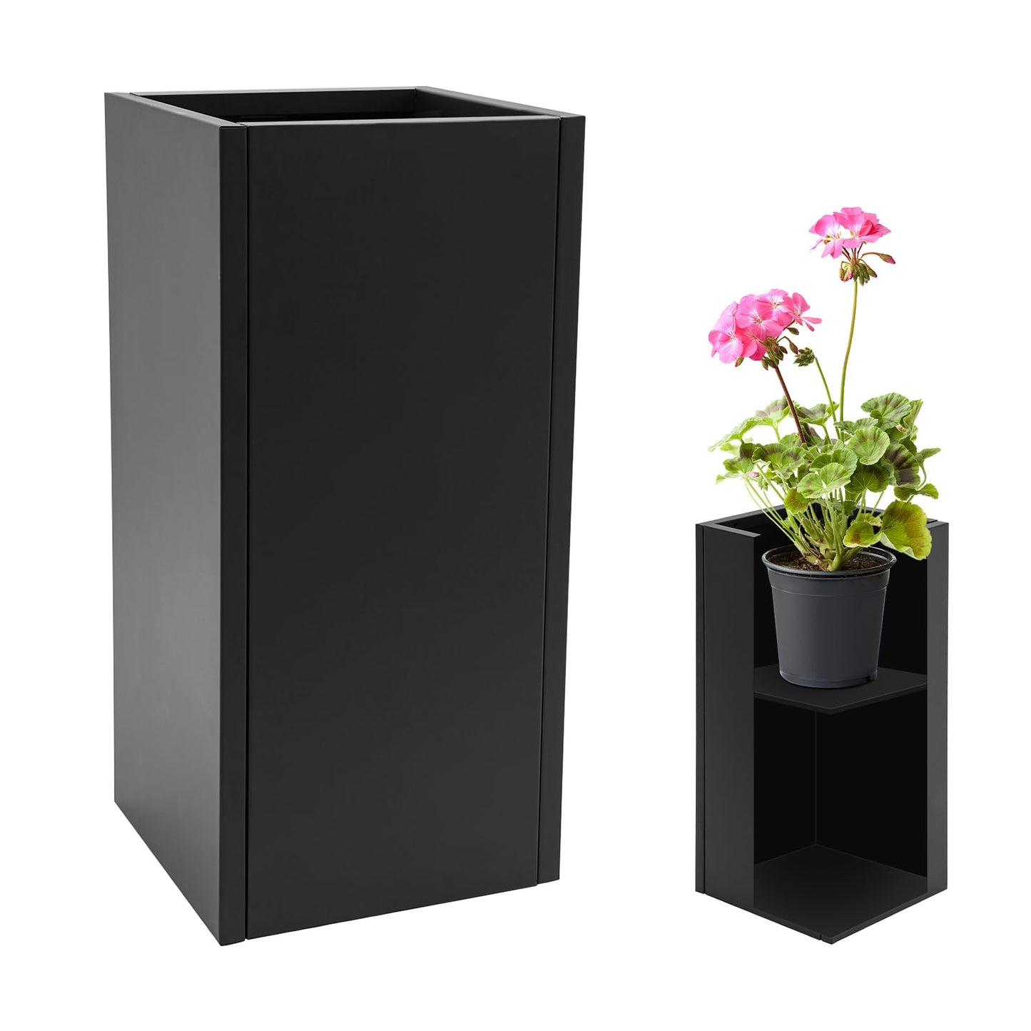 Yellulu Planter Box with Removable Insert Shelf | Rectangular Modern Metal Planter Box|Indoor Outdoor Cube Steel Flower Pot | for Patio, Deck, Yard, Garden (Black, 14" L x14 W x 30" H)