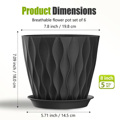 SQKH 8 Inch Plastic Plant Pots,Set of 5 Flower Pots,Planters with Drainage Holes & Saucers, Indoor Outdoor Garden Pots for Home Decor (Black)