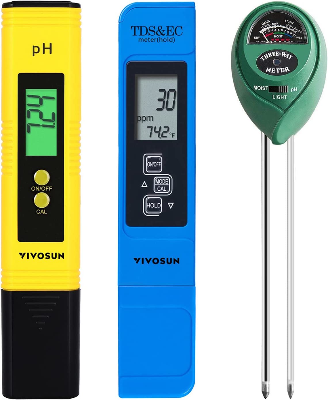 VIVOSUN Digital pH Meter, 3-in-1 TDS/EC/Temperature Meter, 3-in-1 Soil Moisture/pH/Light Tester Combo for Home, Garden and Hydroponics, Yellow-Blue-Green