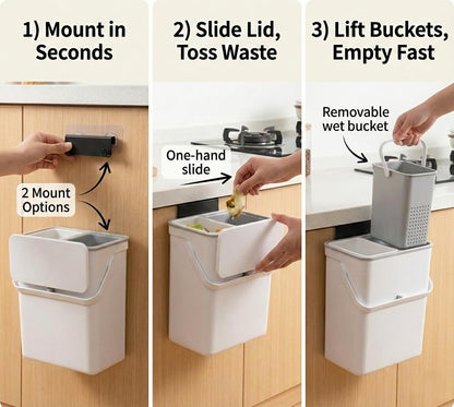 TOSCARA 3.2 Galoon Kitchen Compost Bin with lid | Odorless Hanging Trash Can with Sliding Lid for Dry & Wet Waste – 12 L Wall-Mounted Garbage Can for Kitchen Cabinet. Under Sink Trash can for Office.