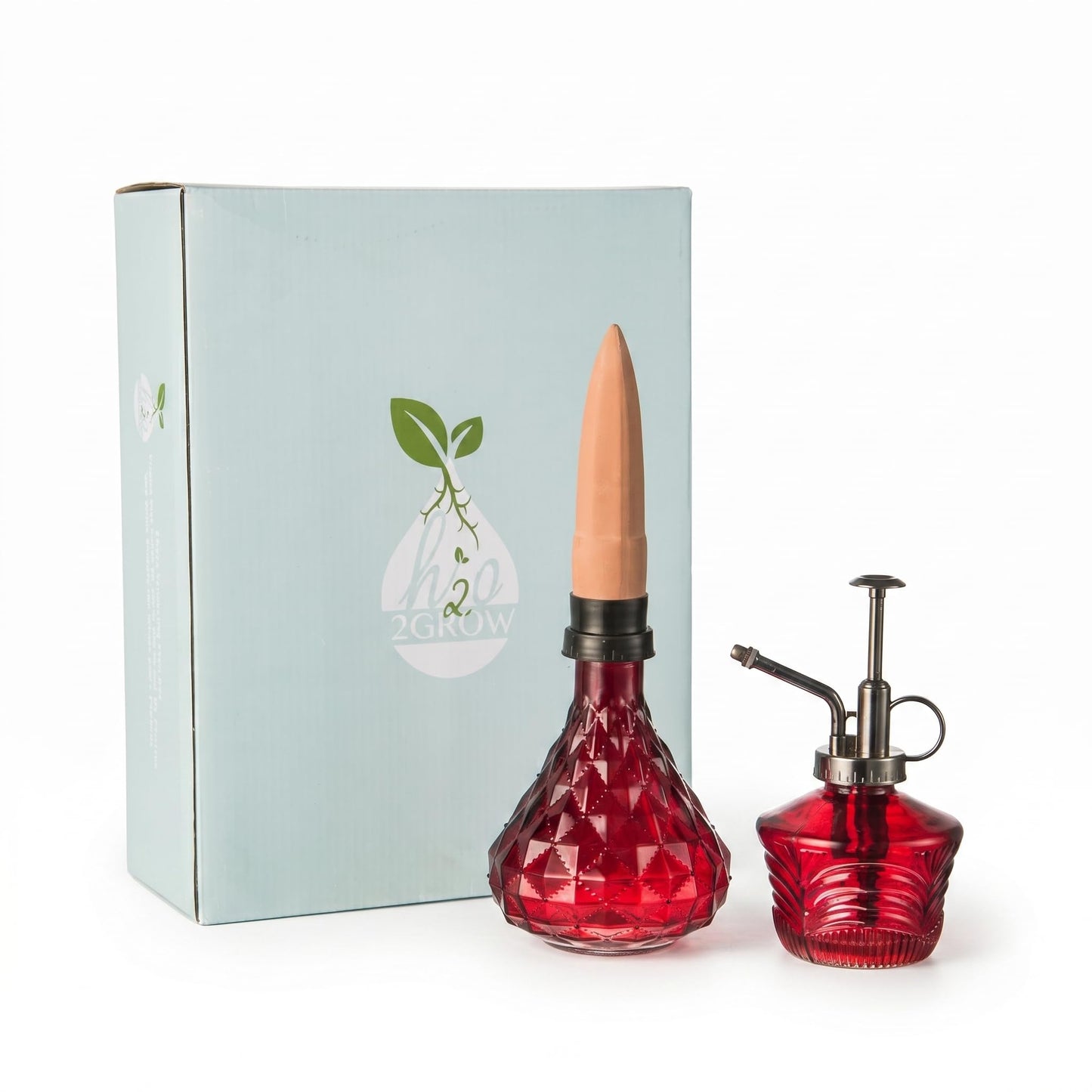 Glass Mini Watering Can Vintage Plant Mister Flower Water Spray Bottle and Faceted Glass Plant Watering Globe with Terracotta Spike,Red