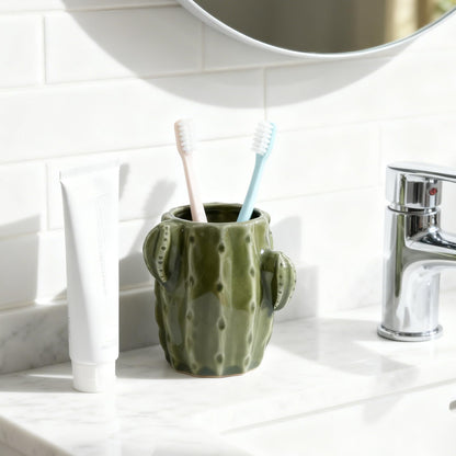 Cactus Toothbrush Holder for Bathrooms，Ceramic Toothpaste Holder Cute Toothbrush Holder Set,for Bathroom Counter and Desk Office Fun Decor Desk Organizer, Makeup Brush Holder - Dark Green