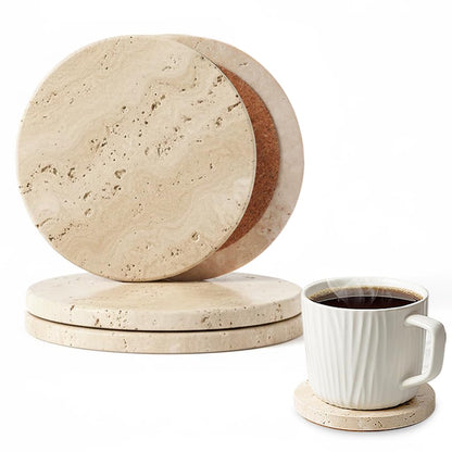 XINFUHUA Beige Travertine Coasters Set of 4, Non-Slip Cork Backing, Natural Stone Coaster for Drinks, Anti-Slip Round Artisanal Travertine Coaster for Kitchen Counter and Coffee Table (Round)