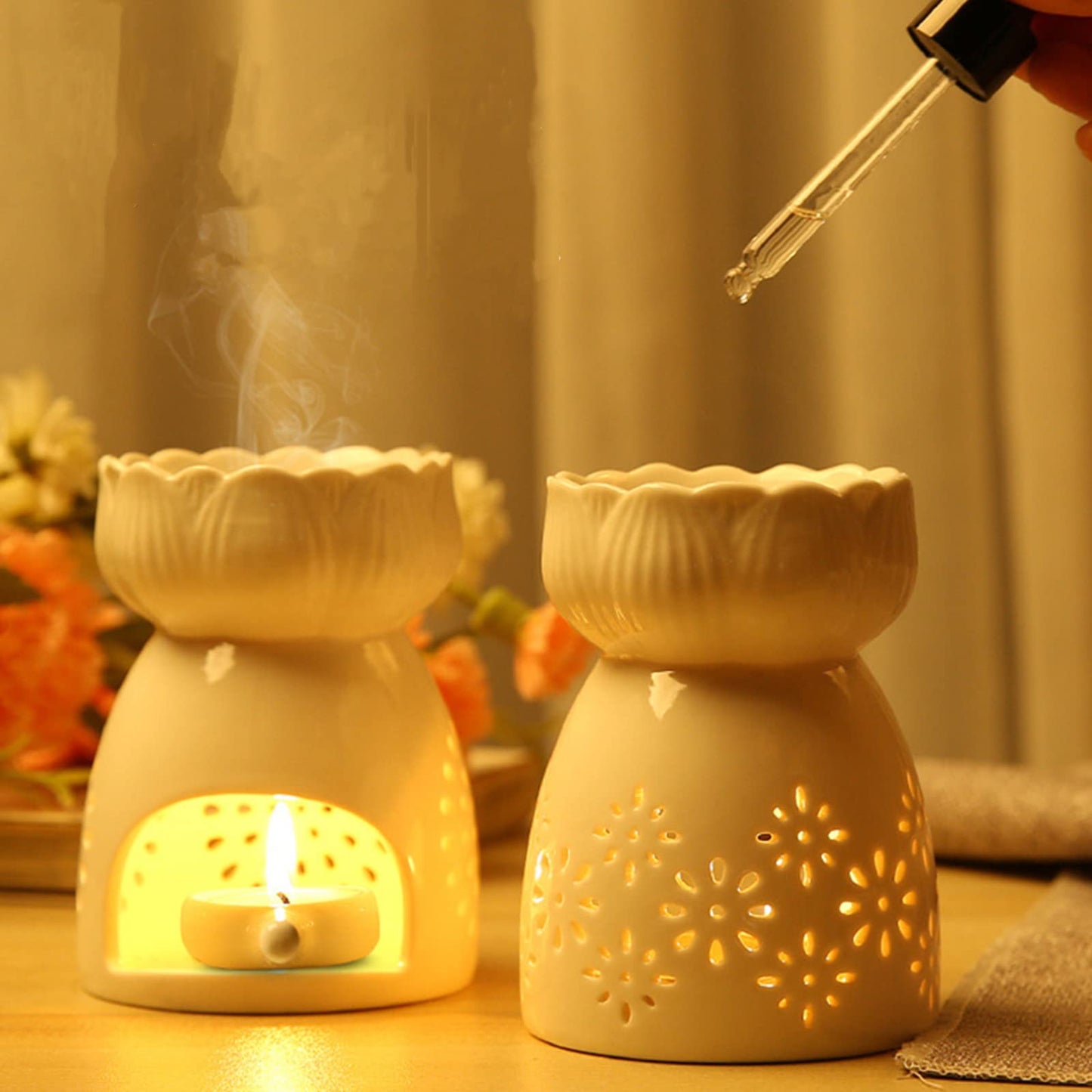Lyellfe 3 Pack Ceramic Tealight Candle Holder, Essential Oil Burner with Spoon, White Carved Wax Warmer Aroma Diffuser Furnace for Birthday Valentines Home Decor