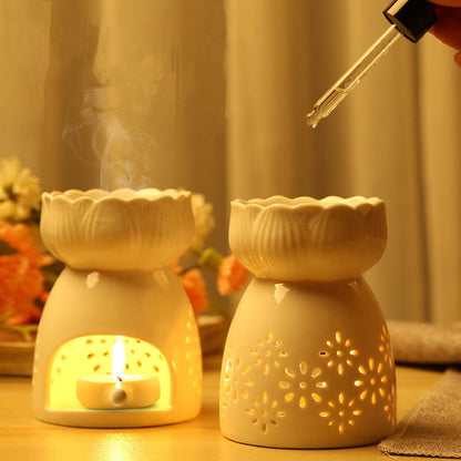 Lyellfe 3 Pack Ceramic Tealight Candle Holder, Essential Oil Burner with Spoon, White Carved Wax Warmer Aroma Diffuser Furnace for Birthday Valentines Home Decor