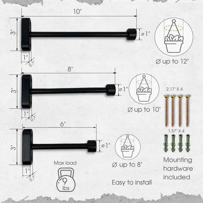 EvenWood 2-Piece Set of Wooden Plant Hooks for Wall with Sturdy Metal Tube - Plant Wall Hanger for Pots, Flower Brackets - Bracket Plant Hanger for Indoor and Outdoor Decorations (Black, 6 Inch)