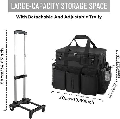 SCAVATA Rolling Cleaning Caddy Bag with Detachable Trolley, Large Cleaning Supplies Organizer with Wheels, Multi Pocket Cleaning Cart with Adjustable Shoulder Strap for Housekeepers & Home Use, Black