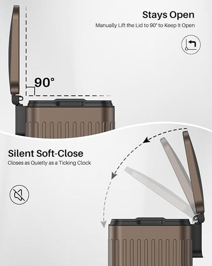 Lovewind 60 Liter/ 16 Gallon Stainless Steel Trash Can with Soft-Close Lid, Large Footstep Garbage Can with Roman Texture, Removable Inner Buckets, Recycling Bin for Kitchen Office, Brown