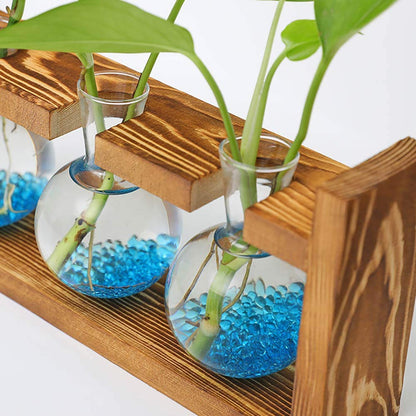 Kingbuy Glass Plant Terrarium with Retro Wood Stand – 3 Bulbs Propagation Station, Indoor Garden Planter & Bulb Vase, Desktop Decor for Home Kitchen Wedding, Gift for Women and Plant Lovers