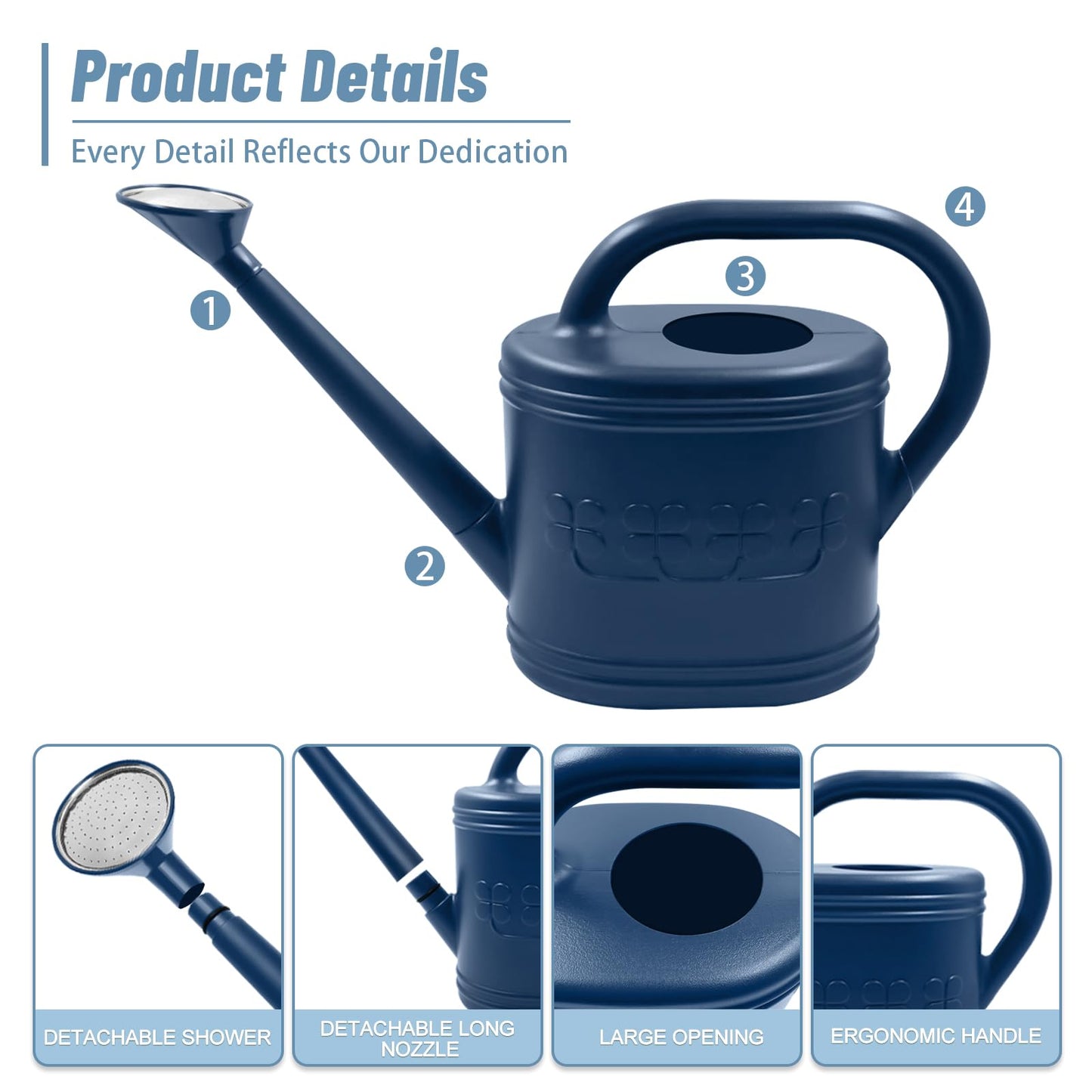 Watering Can for Indoor & Outdoor Plants, Plant Watering Can with Stainless Steel Shower Head, 1 Gallon Plastic Watering Can for Garden, Flowers, Vegetable, Greenhouse (Dark Blue, 1 Gallon)