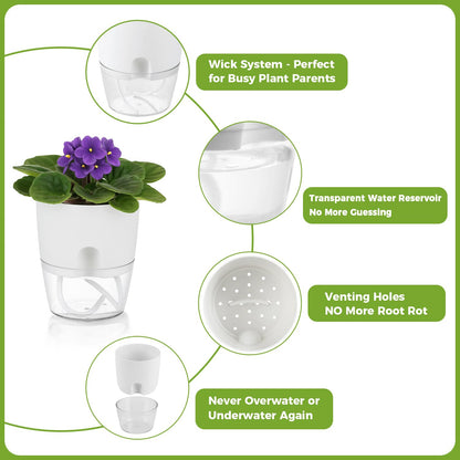 8 Pack Self Watering Pots for Indoor Plants, PlanterHoma 3.2 Inch Plant Pot Plastic Self Watering Planter for Orchid, African Violet, Mini Clear Flower Pots with Drainage Holes and Wicking Rope, White