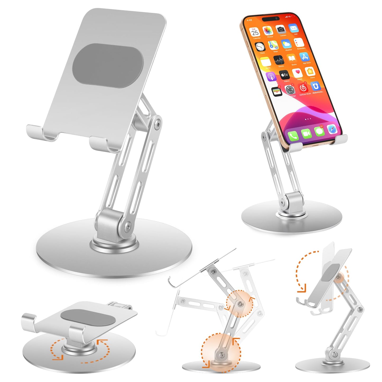 Xiaoshuang Adjustable Aluminum Phone Stand for Desk, No Wobble Heavy Base, Height Adjustable iPhone & iPad Stand, 360° Rotating Foldable Phone Holder for Desk Office Home (4–11”)