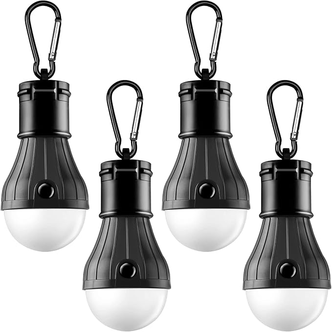FLY2SKY Portable LED Tent Lamp Emergency Lights with Hook, Hurricane Bulb Lantern Equipment for Camping, Hiking, Backpacking, Fishing Outage, Multicolor, 4 Pack