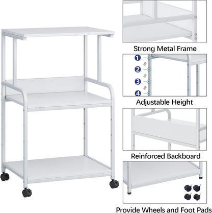 Printer Stand with Storage Shelf,3 Tier Printer Cart with Wheels,Mobile Printer Table for Home Office,Stands for Printer Heat Press Scanner Fax,Industrial Style (White)