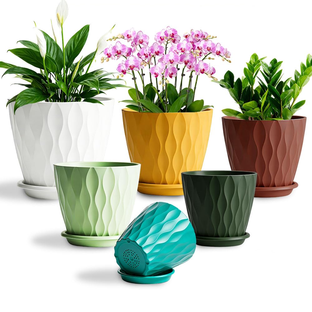 KEETUMOOD Plant Pots, Self Watering Planters with Drainage Holes and Trays, Flower Pots for Indoor Outdoor - 6 Pack(4/5/6/6.5/7/8 Inch) (Colorful)
