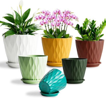 KEETUMOOD Plant Pots, Self Watering Planters with Drainage Holes and Trays, Flower Pots for Indoor Outdoor - 6 Pack(4/5/6/6.5/7/8 Inch) (Colorful)