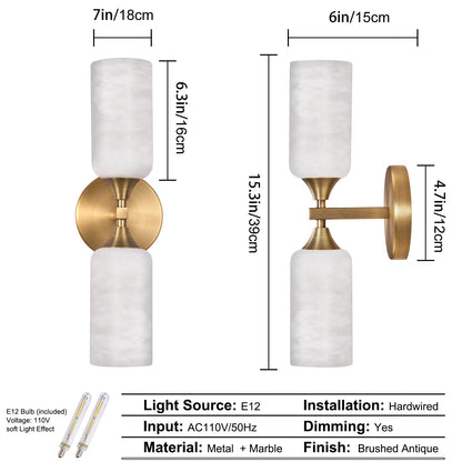 Stbri Alabaster Sconces Set of 2,15.3in Modern Natural Marble Vanity Light, Hardwired Brass Gold Wall Sconces Lighting for Living Room,Bedroom,Indoor Sconces for Bathroom Mirror,Hallway