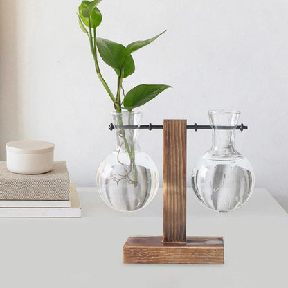 ULTECHNOVO 3pcs High Borosilicate Glass Hydroponic Plant Containers with Wooden Stand, Terrarium Holders for Home Decor and Indoor Propagation