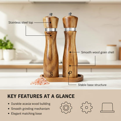 Wooden Salt and Pepper Grinder Set,salt grinder refillable,Adjustable Coarseness,Crafted of Solid Acacia Wood with Ceramic/Stainless Steel Core|Along withl Spoon,Tray,8in,2pack,easy to clean