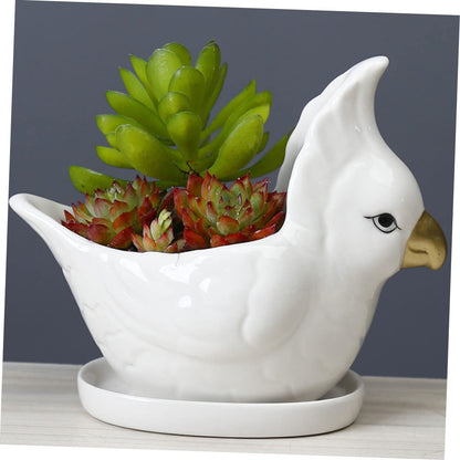 BESPORTBLE Ceramic Flower Planter with Tray Cartoon Parrot Design Indoor Succulent Pot Bonsai Container Gift and Home Decor