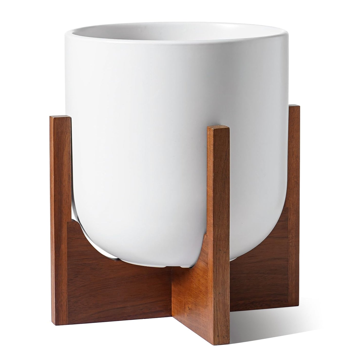 LE TAUCI 10 Inch Plant Pot with Acacia Wood Stand, Ceramic Planters for Indoor Plants, Unique Plant Pots Indoor for Home Decor, Mid-Century Modern Pots for Plants with Drainage Hole and Plug, White