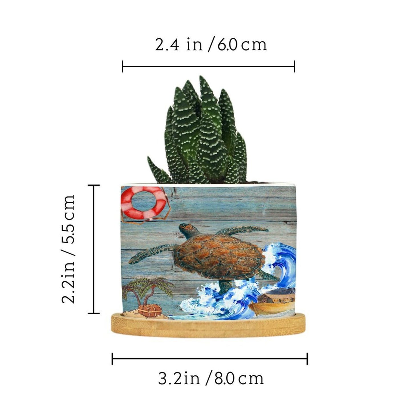 DreamAutumn Ocean Theme Sea Turtle Ceramic Pots for Plants with Drainage Holes Round Flower Pot Bamboo Tray Orchid Pot Succulents Pots for Outdoor Indoor Plants,Housewarming Gifts