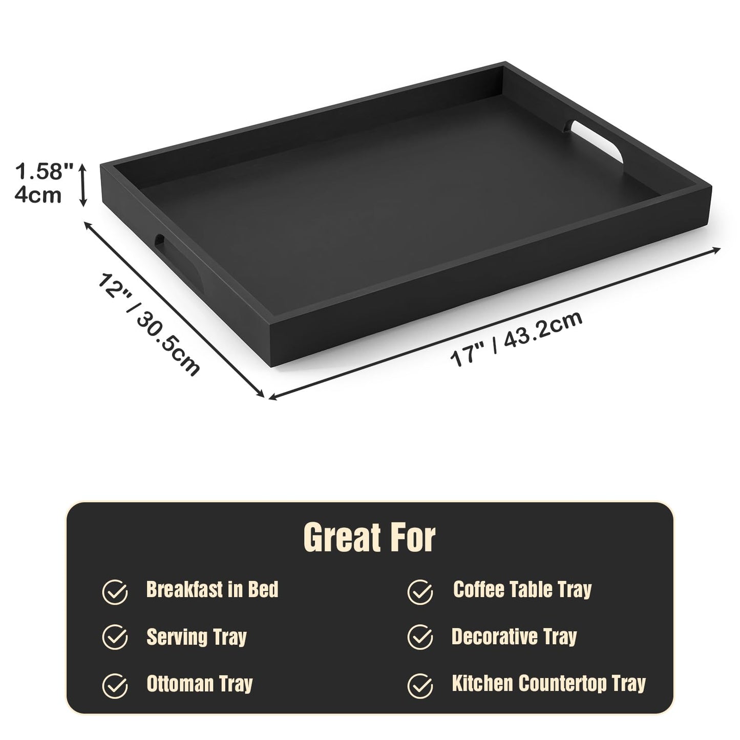 17 Inch Wood Serving Tray with Handles - Large Wooden Tray for Ottoman, Breakfast in Bed, Dinner, Coffee Table - Black Rectangular Tray for Living Room Bedroom Entryway and Kitchen