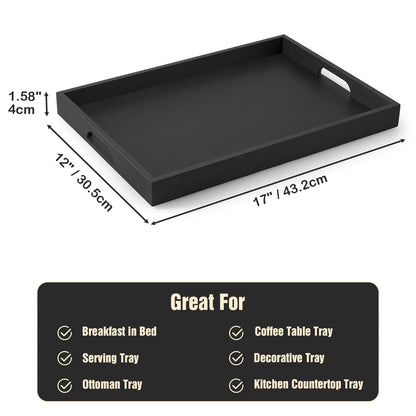 17 Inch Wood Serving Tray with Handles - Large Wooden Tray for Ottoman, Breakfast in Bed, Dinner, Coffee Table - Black Rectangular Tray for Living Room Bedroom Entryway and Kitchen