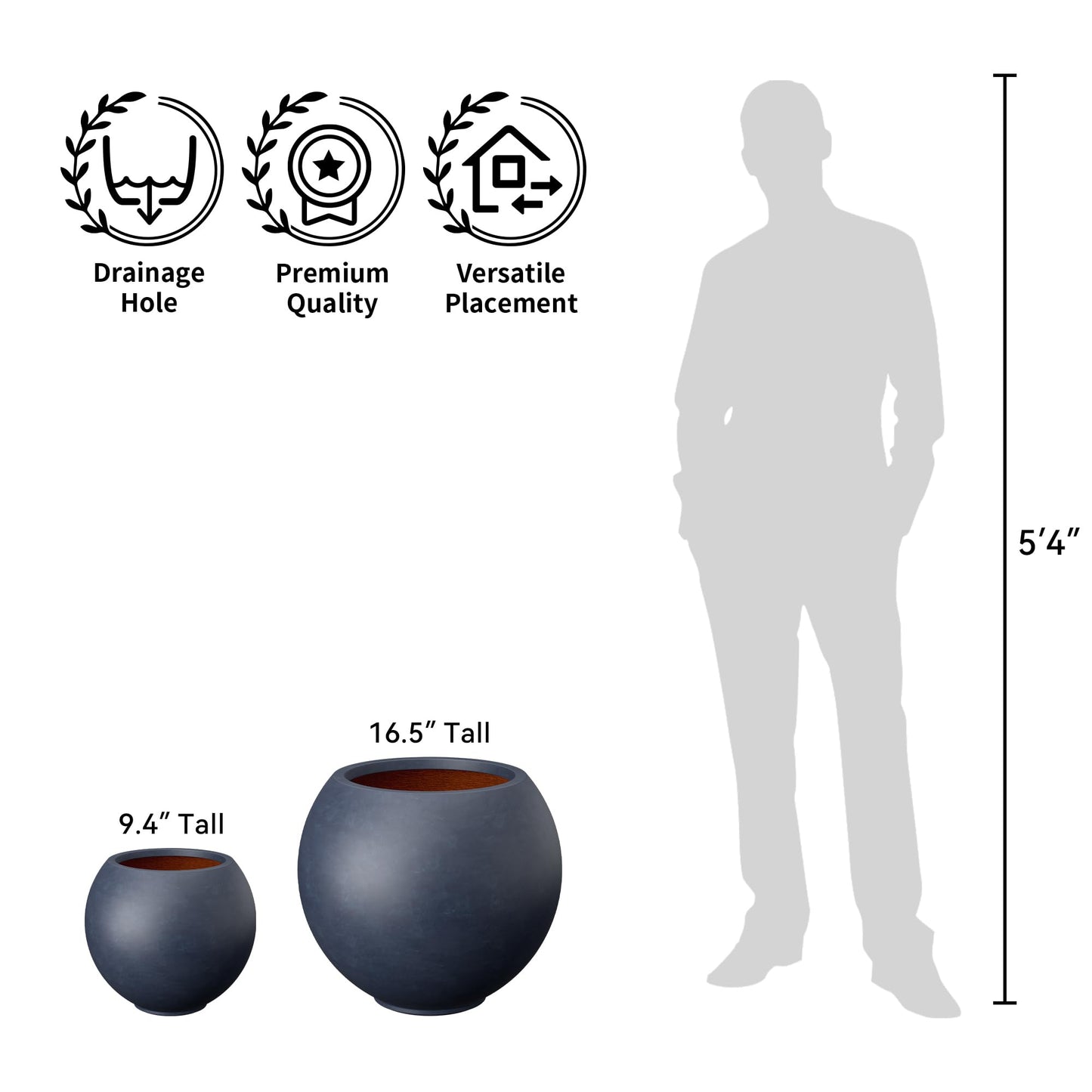 Kante Round Concrete Flower Pot, 11 Inch Dia (7.9" Opening) Sphere Shape Design Planter with Drainage Hole and Rubber Plug for Indoor & Outdoor Plants, Charcoal Finish with Painted Interior